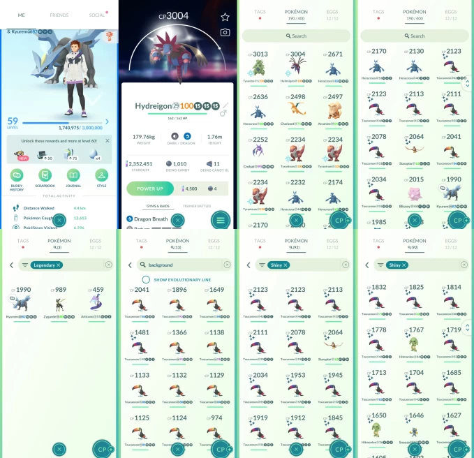 ACm1208 -lv 59 Mystic | x2 3000CP | x23 2000CP | x3 Legendary | x92 shiny | x8 100IV | Articuno Galar Kyurem Zygarde | 13 background Toucannon