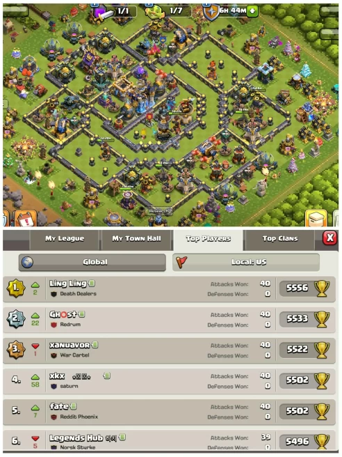 [Us Local]||Th18 Full Wall Max||Queen And Royal Champion Max||8 Epic Equipment||4 Epic Almost Max||6th Builders||7 Skins