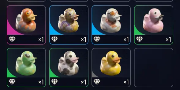 1*FAMILIAR DUCK , 1* DOODLY DUCK ,1* FLASHY DUCK , 1* TROPICAL DUCK, 1* ALIEN DUCK , 1* GENTLE DUCK , 1* RUBBER DUCK