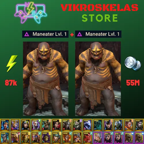 Starter acc with 2 Maneaters : 87k energy / 55 mln coins / Lord Shazar, Elenaril, Black Knight, Arix, Ninja + 18 Login Legendaries
