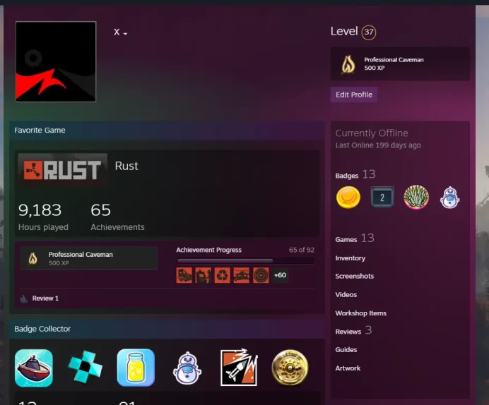 Rust account 9183 REAL Hours | 10 DLC | 37 LVL | 153 Twitch Drops| Full access | No 5$ limit | Region Free | Instant delivery 24/7