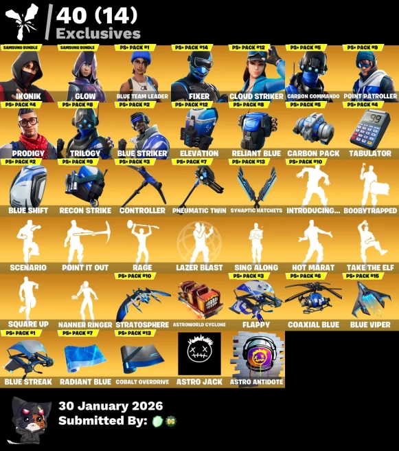 Full Access | 105 skins | IKONIK | Glow | Blue Team Leader | Trilogy | Carbon Commando | Blue Striker | Point Patroller | Fixer | Prodigy