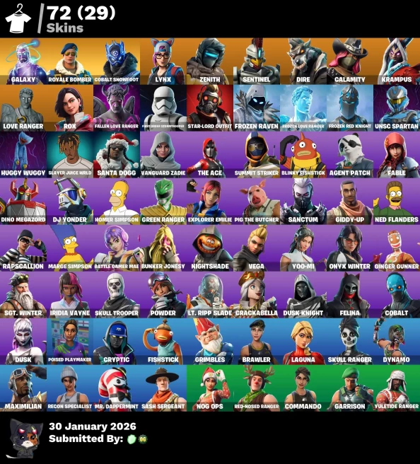 Full Access | 72 skin | Galaxy | Royale Bomber | Rox | Sentinel | Zenith | Lynx | Krampus | Calamity | Love Ranger | Dire | Fallen Love Ranger 