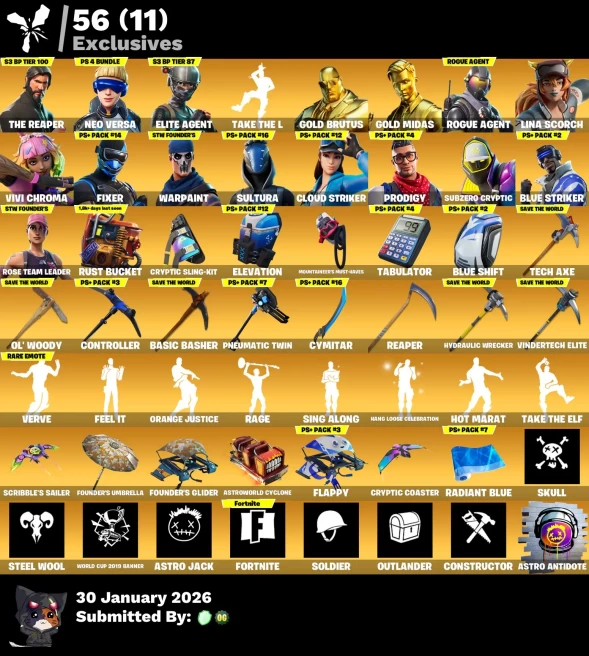 Full Access | 303 skins | OG STW | The Reaper | Neo Versa | Elite Agent | Take The L | Gold Brutus | Gold Midas | Cloud Striker | Sultura
