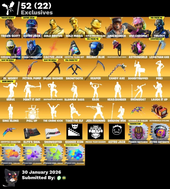 Full Access | 252 skins | Travis Scott | Leviathan Axe | Astro Jack | Renegade Raider | Gold Meowscles | Gold Brutus | Gold Midas | Vivi Chroma
