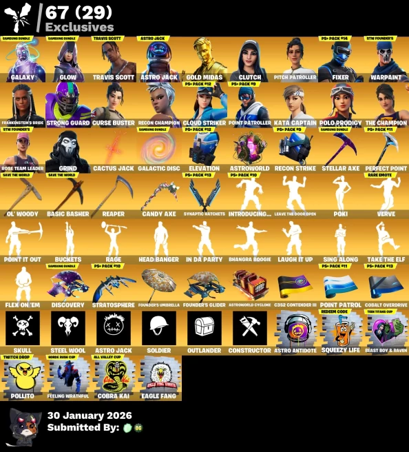 Full Access | 314 skins | OG STW | Galaxy | Travis Scott | Glow | Astro Jack | Gold Midas | Point Patroller | Polo Prodigy | Grind