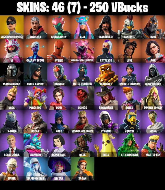 [PC/PSN/XBOX] 46 skins | Unchained Ramirez | Vendetta | Singularity | Alli | Blackheart | Sentinel | Ruin | Vi | Galaxy Scout | Hybrid | 250 VB