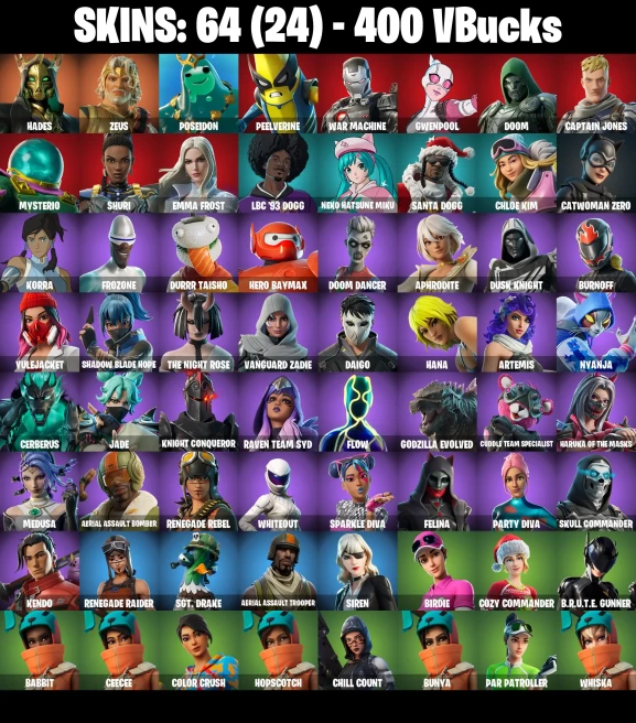 [PC/PSN/XBOX] 64 skins | Renegade Raider | Aerial Assault Trooper | Hades | Zeus | Poseidon | Peelverine | War Machine | Gwenpool | Doom | 400 V
