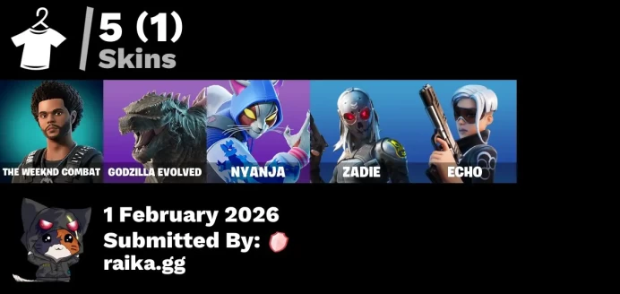 [PC/PSN/XBOX] 5 skins | The Weeknd Combat | Godzilla Evolved | Nyanja | Zadie | Echo | Spectra Protector | Shattered Halo Ring | XO