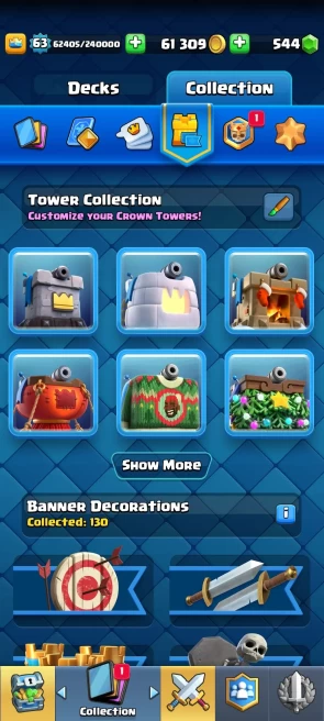 Level 63/ 84 card max(13 elite )3 card 16/61 k gold/4 skin towers/10 k cup/Lifetime warranty(C2124)