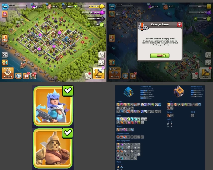■TH:12 (+60%) ■Heroes: K49 Q56 P30 W19 ■Skins:2 ■BH:9 ■Full Access ■Instant Delivery ■A4720