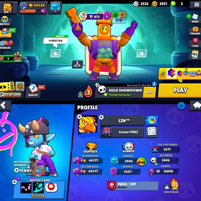 44.5k TROPHY BS , 90 BRAWLERS, 24 HYPERCHARGED, 1 MAXED BRAWLERS, 274 OP SKINS, 560 PINS, 271 PLAYER ICON, 174 SPRAYS AND LIFETIME WARRANTY