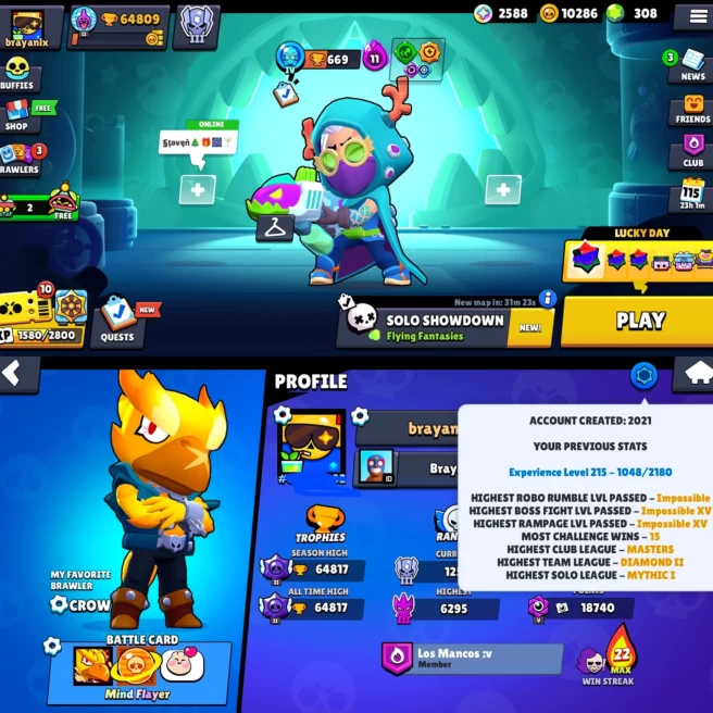 OP BS 64.8k TROPHY, 98/98 BRAWLERS, 44 HYPERCHARGED, 34 MAXED BRAWLERS, 303 OP SKINS  , 945 PINS, 359 PLAYER ICON, 216 SPR