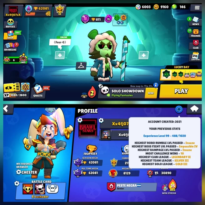 BEST BS 62K TROPHY, 98/98 BRAWLERS, 64 HYPERCHARGED, 1 MAXED BRAWLER, 358 OP SKINS[ 16 MYTHIC], 1023 PINS,  397 PLAYER ICON, 230 SPRAYS