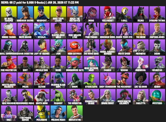 65 Skins + OG Skull Trooper