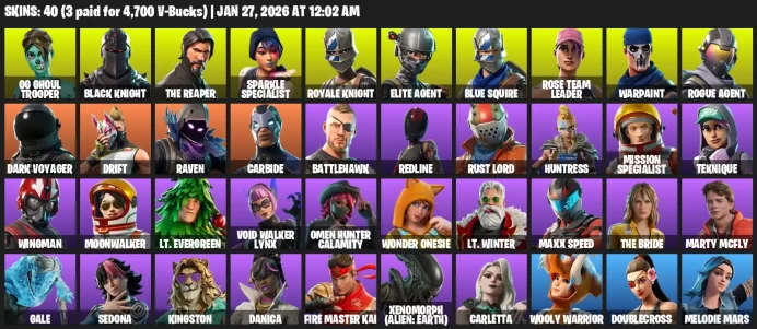 40 Skins | OG Ghoul Trooper | Black Knight | Sparkle Specialist | The Reaper | Royale Knight | Blue Squire | 1,500 VB
