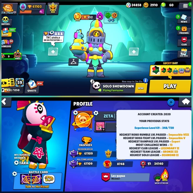 MAX BS 61.1k TROPHY, 98/98 BRAWLERS, 42 HYPERCHARGED, 19 MAXED BRAWLERS, 336 OP SKINS[ 12 MYTHIC ], 901 PINS, 390 PLAYER ICONS, 224 SPRAYS | 