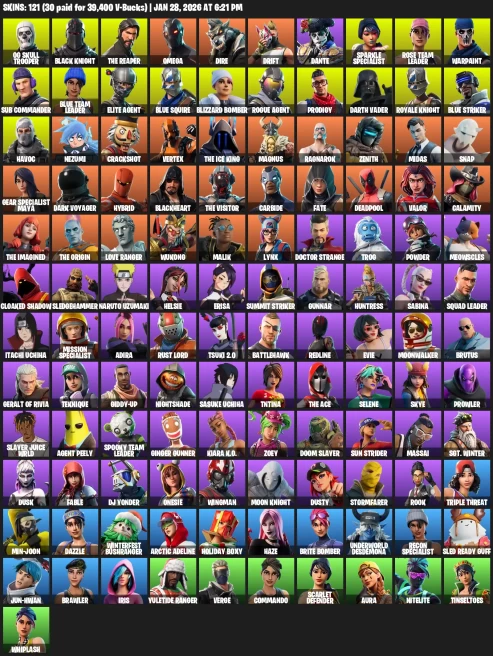 121 skins | OG Skull Trooper | Black Knight | The Reaper | Omega | Dire | Drift | Floss | Take The L | OG STW