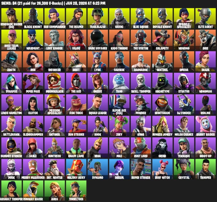 84 skins | OG Renegade Raider | Black Knight | Sparkle Specialist | The Reaper | Blue Squire | Royale Knight | Elite Agent