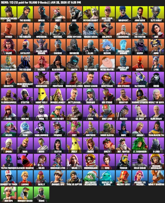113 skins | OG Renegade Raider | The Reaper | Omega | Drift | Dire |