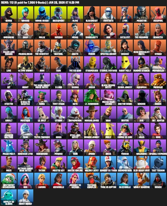 112 skins | Wonder | IKONIK | Honor | Glow | Minty | Tycoon | Laguna | Inferno | Breakpoint | Frostbite | Cobalt | Summit | Iris |