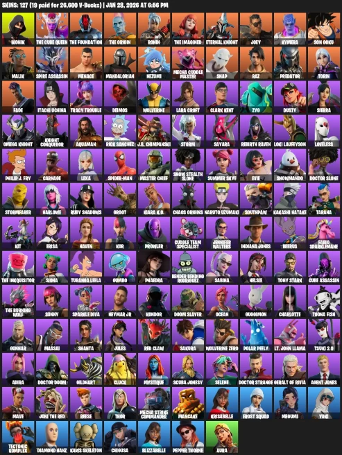 127 Skins | IKONIK | Master Chief (Matte Black) | Naruto Uzumaki | Son Goku | Menace | Raz | Ronin | Joey