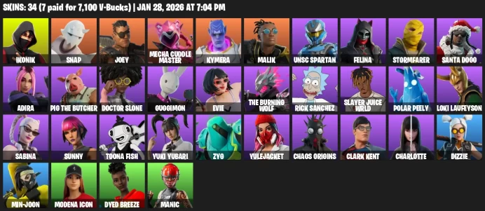 34 skins | IKONIK | Joey | Kymera | Snap | Mecha Cuddle Master | Malik | Loki Laufeyson | Polar Peely | UNSC Spartan