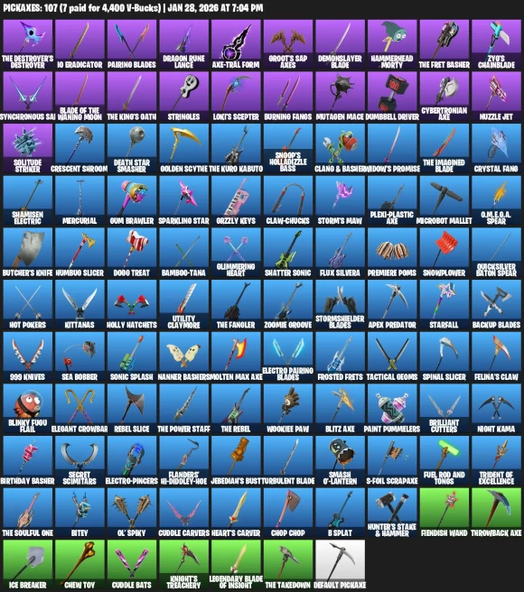 34 skins | IKONIK | Joey | Kymera | Snap | Mecha Cuddle Master | Malik | Loki Laufeyson | Polar Peely | UNSC Spartan