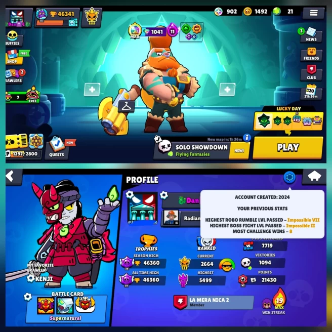 46.3K TROPHY, 92/98 BRAWLERS, 22 HYPERCHARGED, 243 SKINS[ 7 MYTHIC + 4 LEGENDARY + 4 HYPERCHARGE ], 476 PINS, 275 PLAYER ICON, 160 SPRAYS 