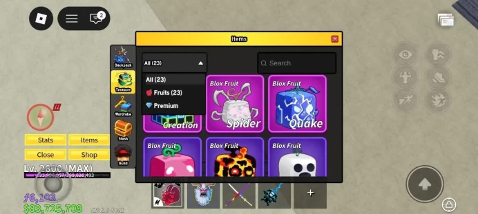 Global - Level 2800 - Money 83725709 - Swords 25 - Guns 12 - Fruits 23 - Code1086