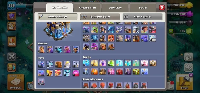 TH 18 Max, 6 Equipment Epic Lv 27, Wall Max, Defense Max, 1 Map Skin, 6 Hero Skin, Troops Max