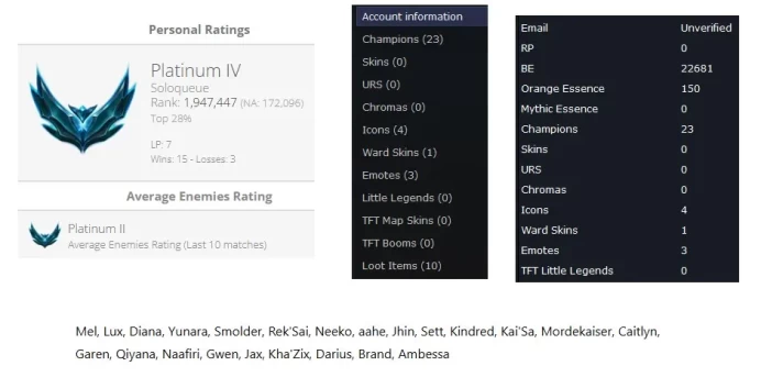 NA HANDLVLD S16 PLAT 4 + BE:22K + 23 CHAMPS + Vanguard safe + Unverified email + Instant Delivery A630 