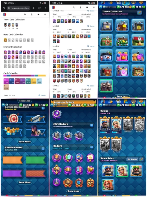 COMBO CR 12k CUP, LEAGUE 5, [ 8 Max, 12 L15, 58 L14 ], 15 EVO, 159  EMOTE, LEVEL 68 + BS  60k TROPHY, 56 HYPER, 7 MAXED , 323 SKINS, 856 PINS, 3
