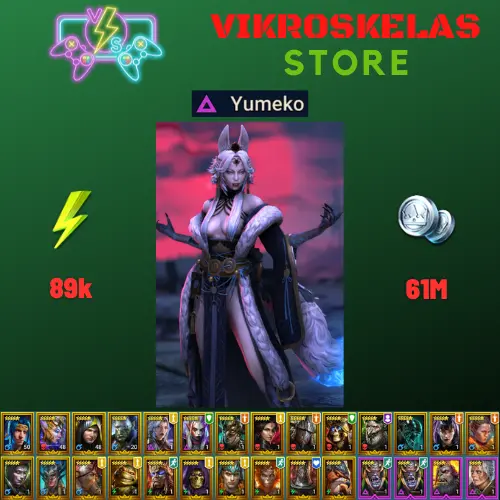 Starter acc with Yumeko : 89k energy / 61 mln coins / Dreng, War Mother, Arix, Ninja + 19 Login Legendaries / Maneater, Aniri