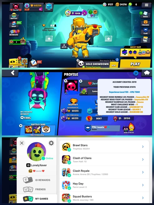COMBO CR 12k CUP, LEAGUE 5, [ 8 Max, 12 L15, 58 L14 ], 15 EVO, 159  EMOTE, LEVEL 68 + BS  60k TROPHY, 56 HYPER, 7 MAXED , 323 SKINS, 856 PINS, 3