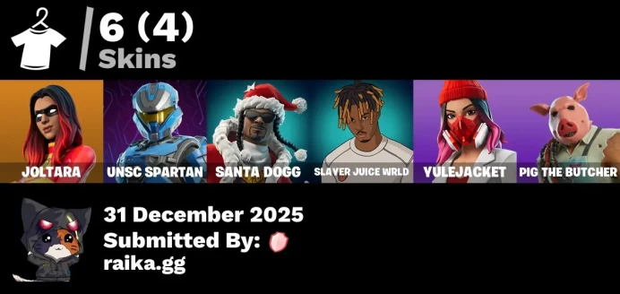 [PC/PSN/XBOX] 6 skins | Joltara | UNSC Spartan | Santa Dogg | Slayer Juice WRLD | Yulejacket | Pig the Butcher | Twin Blasters