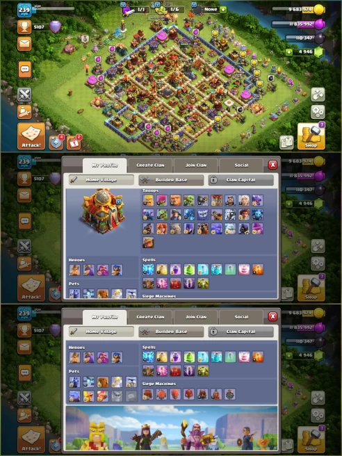 MAX TH 16, HIGH XP  239, 1900 MEDALS, FULL OF MAGIC ITEMS, FREE NC, HEROES MAXED, EQUIPMENT UNLOCKED AND MAXED