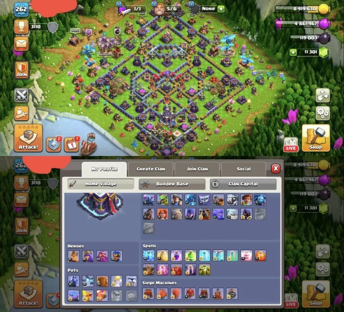 #A43 TH15 NEAR MAX | 262 HIGH XP | 5900+ PB | 3800 WAR STARS | 10K LT |  11K GEMS | 40 HERO SKINS | FULLY STACKED | GOOD PROFILE | GOOD BASE 