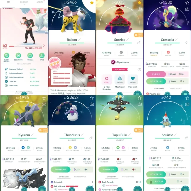 1942 Level 62 Shiny GMax Snorlax x2 Legendary100 x18 Raikou100