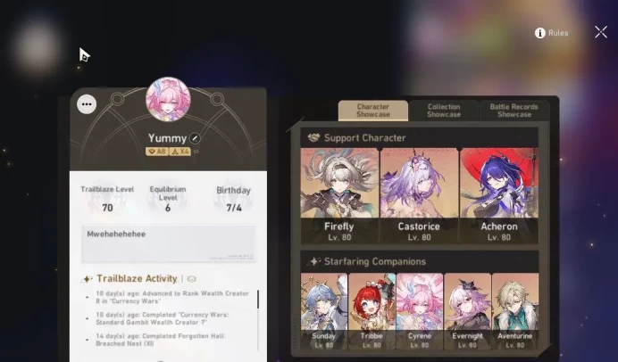 Asia|TL 70|17 Limited[Phainon,Firefly,B3,Acheron]+Sign,Castorice,Cyrene,Evernghit,Etc|Amphoreus|TakeMail|Check SS(HSR5389)
