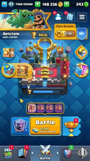 Lvl 43|Trophy 9836|KTL 14|Limited Skin|Card 121|1 Hero 6 EVO 8 Champ 21 Legendary 33 Epic,30 Rare,29 Common|Take Email(CR1319)