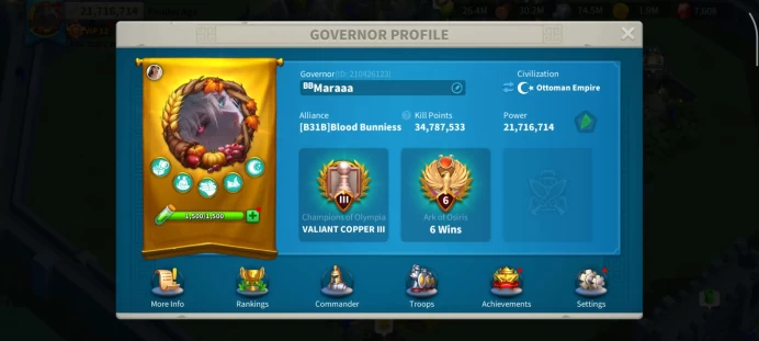 21M Power - KVK 1 Winner KD 3931 - Yi Seong-Gye 5525(3 more skills to Expertise), Thutmose 5511 - VIP 12 - 767M Resources, 112 Days Speedup #398