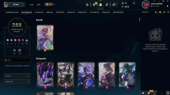 EUNE | 288 SKIN | 40K BE | 243 LVL | UNRANKED | MAIL CHANGEABLE ACCOUNT