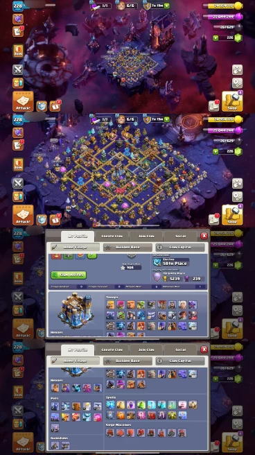 R126- TH18 Near Max | XP 228 | BK76 AQ75 MP50 GW54 RC40 | 16 Heroes Skins & 10 Epic Equipment | 100% Secure SCID | iOS & Android