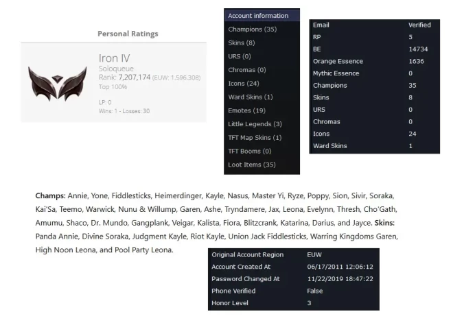 EUW HANDLVLD Season 16 + IRON 4 ( 1 wins, 30 Losses)+BE:14K +35 CHAMPS+ Vanguard safe+ FULL ACCESS+ Instant Delivery A631