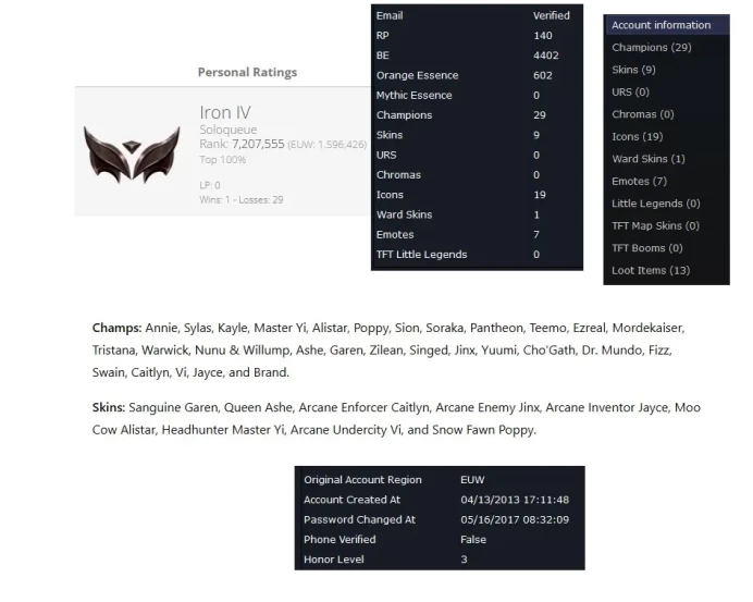 EUW HANDLVLD Season 16 + IRON 4 ( 1 wins, 29 Losses)+BE:4K +29 CHAMPS+ Vanguard safe+ FULL ACCESS+ Instant Delivery A632