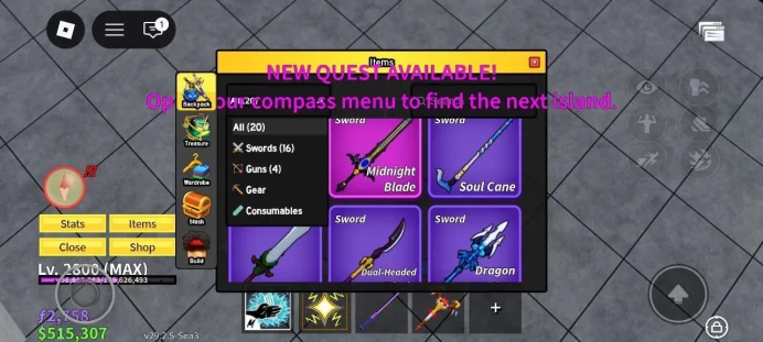 Global - Level 2800 - Money 515K - Swords 16 - Guns 4 - Fruits 11 - Code1133