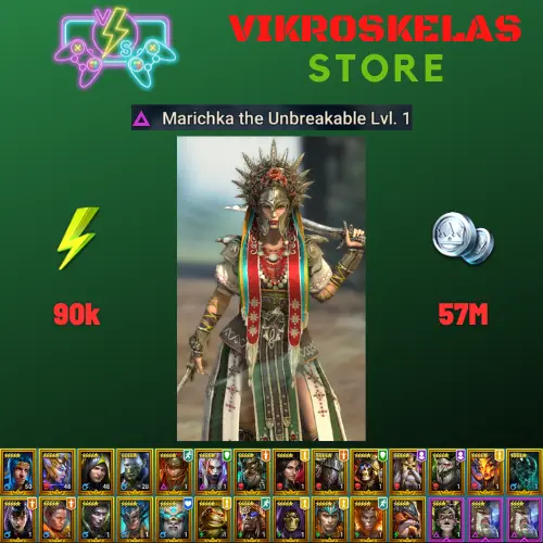 Starter acc with Marichka : 90k energy / 57 mln coins / Sicia, Boragar, Crypt-King Graal, Arix, Ninja + 19 Login Legendaries