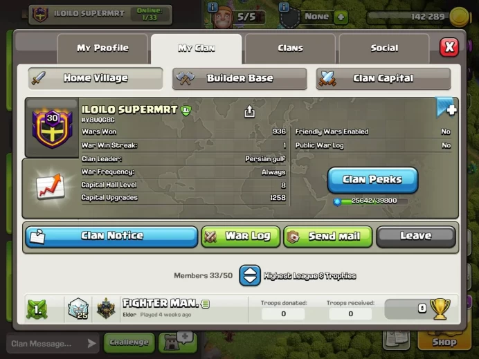 Clan level 30/+930 win war/Name ILOILO SUPERMRT/famous clan /Fast delivery 