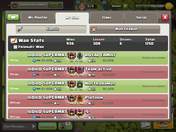 Clan level 30/+930 win war/Name ILOILO SUPERMRT/famous clan /Fast delivery 